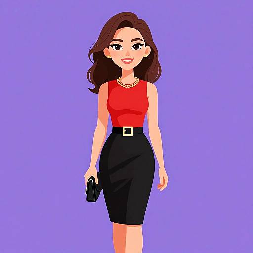Digital illustration of a smiling woman with fair skin, brown wavy hair, red sleeveless top, black high-waist skirt, holding black purse