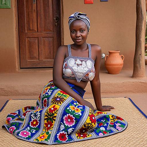Photograph of a smiling African woman with dark skin, wearing a white lace crop top and colorful, patterned skirt, seated on a woven mat in