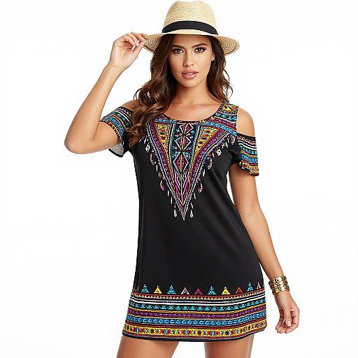 Photograph of a woman with long brown hair, wearing a straw hat, black dress with colorful tribal patterns, and gold bracelet, standing against a white