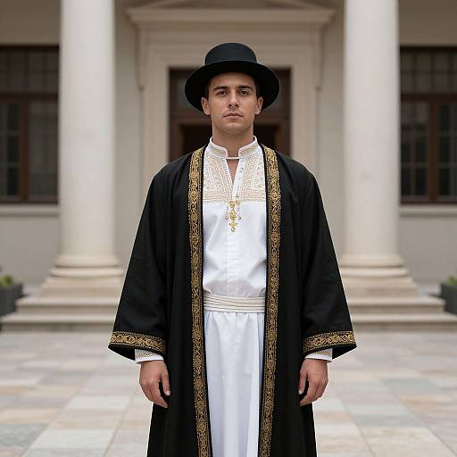 Photograph of a young man in traditional attire: black hat, white embroidered shirt, black robe with gold trim, standing in front of a classical building