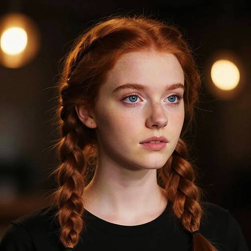 Photograph of a fair-skinned young woman with red braided hair, blue eyes, and freckles, wearing a black top, against a