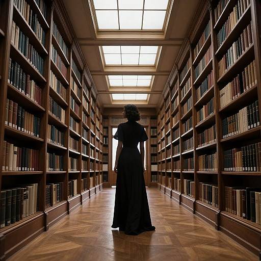 Silhouetted woman in long dress walks down long, wooden library aisle with tall bookshelves on both sides, bright skylights above.