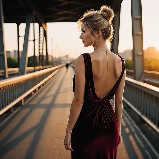 Photograph of a blonde woman with her hair in a bun, wearing a deep backless burgundy dress, standing on a sunlit bridge with shadows