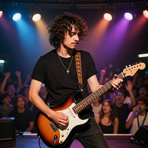 Energetic Guitarist on Vibrant Stage
