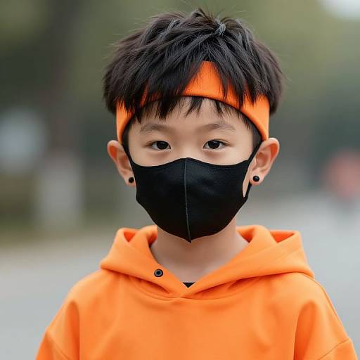 Young Boy in Orange Outfit with Mask
