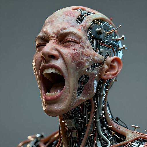 CGI image of a bald, human-like head with exposed, detailed internal wiring and circuitry, screaming with eyes closed and mouth open. Background is