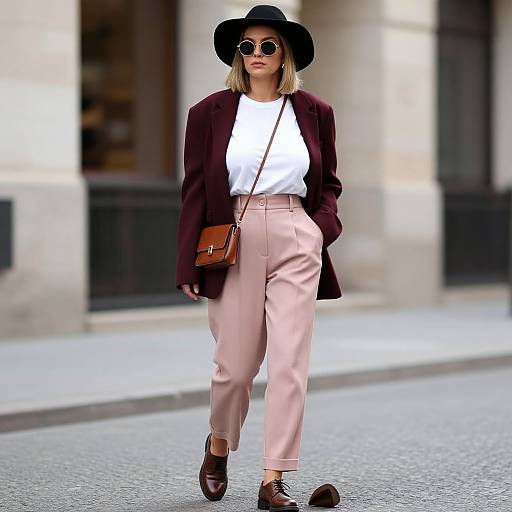 Photograph of a blonde woman in a black hat, round sunglasses, white top, maroon blazer, pink high-waisted pants, brown