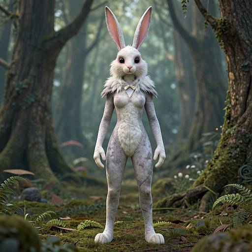 Digital CGI of a white, anthropomorphic rabbit with pink inner ears, standing in a misty forest. The rabbit has a furry chest, small breasts