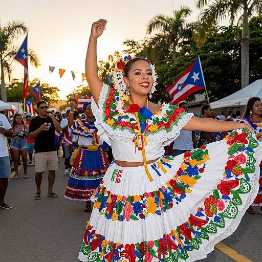 Photograph of a joyful Mexican woman in a colorful, floral embroidered traditional dress, dancing outdoors at a festival with flags and palm trees in the background at