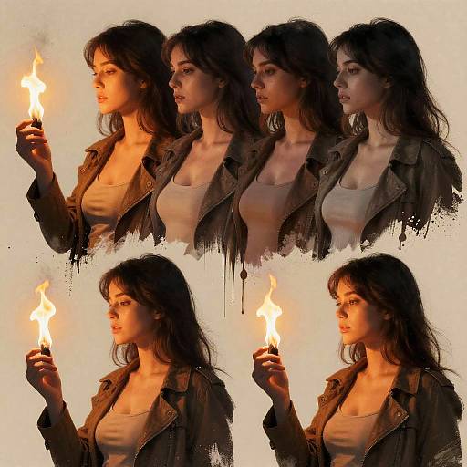 Photograph collage of a young woman with long black hair, wearing a beige tank top and brown jacket, holding a lit candle, showing multiple profiles and