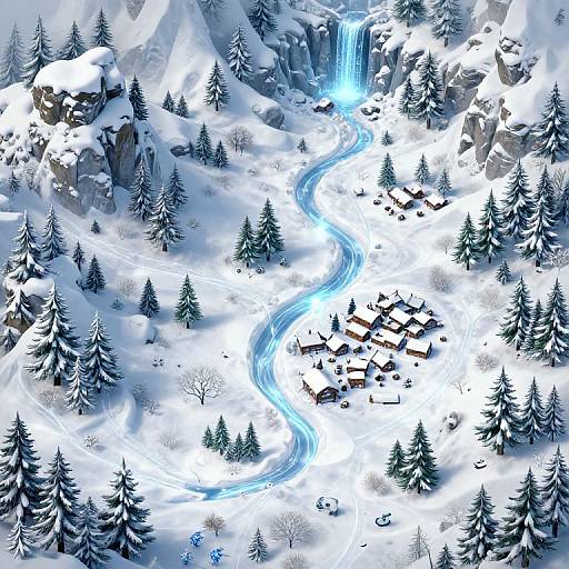 Aerial digital art of a snowy mountain village with a winding blue river, waterfall, pine trees, and wooden cabins.