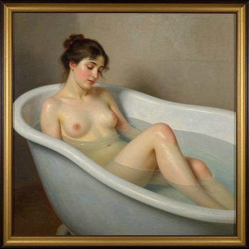 Realistic oil painting of a nude woman with fair skin, small breasts, dark hair in a bun, relaxing in a white bathtub, water up to