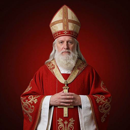 Photograph of an elderly, white-bearded Catholic bishop in ornate red and gold religious robes and mitre, holding a cross, against a dark