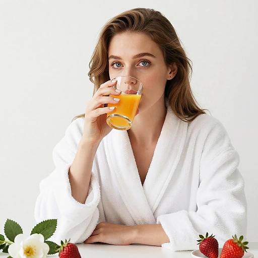 Woman Drinking Orange Juice in White Bathrobe
