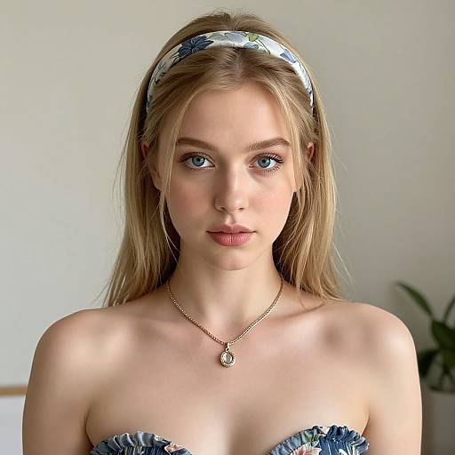 Photograph of a young blonde woman with blue eyes, wearing a blue and white patterned headband, strapless top, and necklace, against a