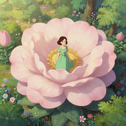 Digital illustration of a girl in a green dress standing inside a large pink flower, surrounded by a lush, colorful garden.