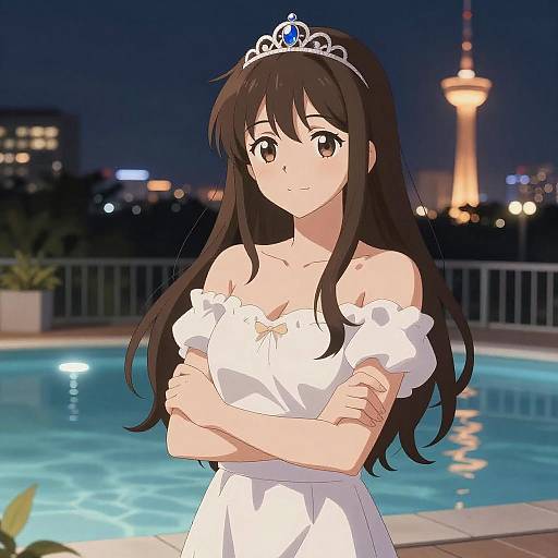 Elegant Anime Woman at Night Pool