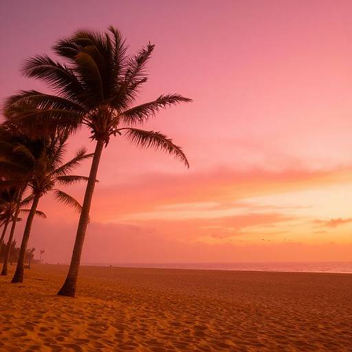 Photograph of a beach at sunset with silhouetted palm trees, orange-pink sky, and sandy shoreline. Warm, vibrant colors dominate.