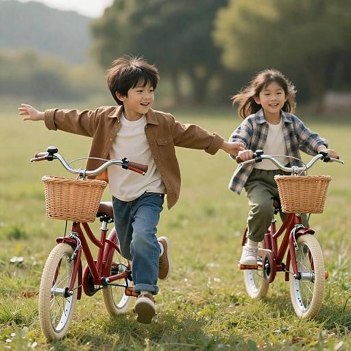 Joyful Children Running Towards Bicycle