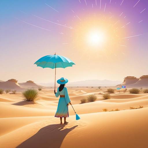 Woman in Blue Dress Holding Umbrella in Mystical Desert