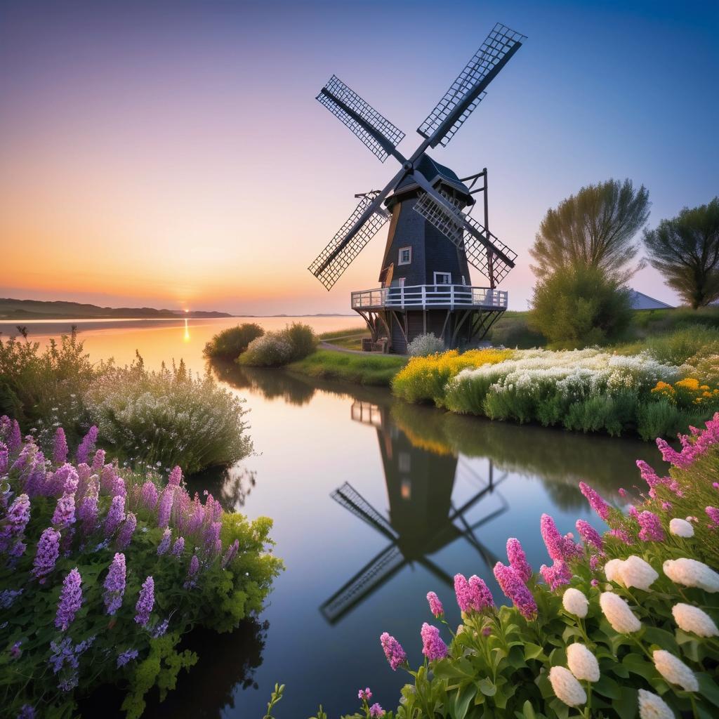 Charming Riverside Windmill at Dawn