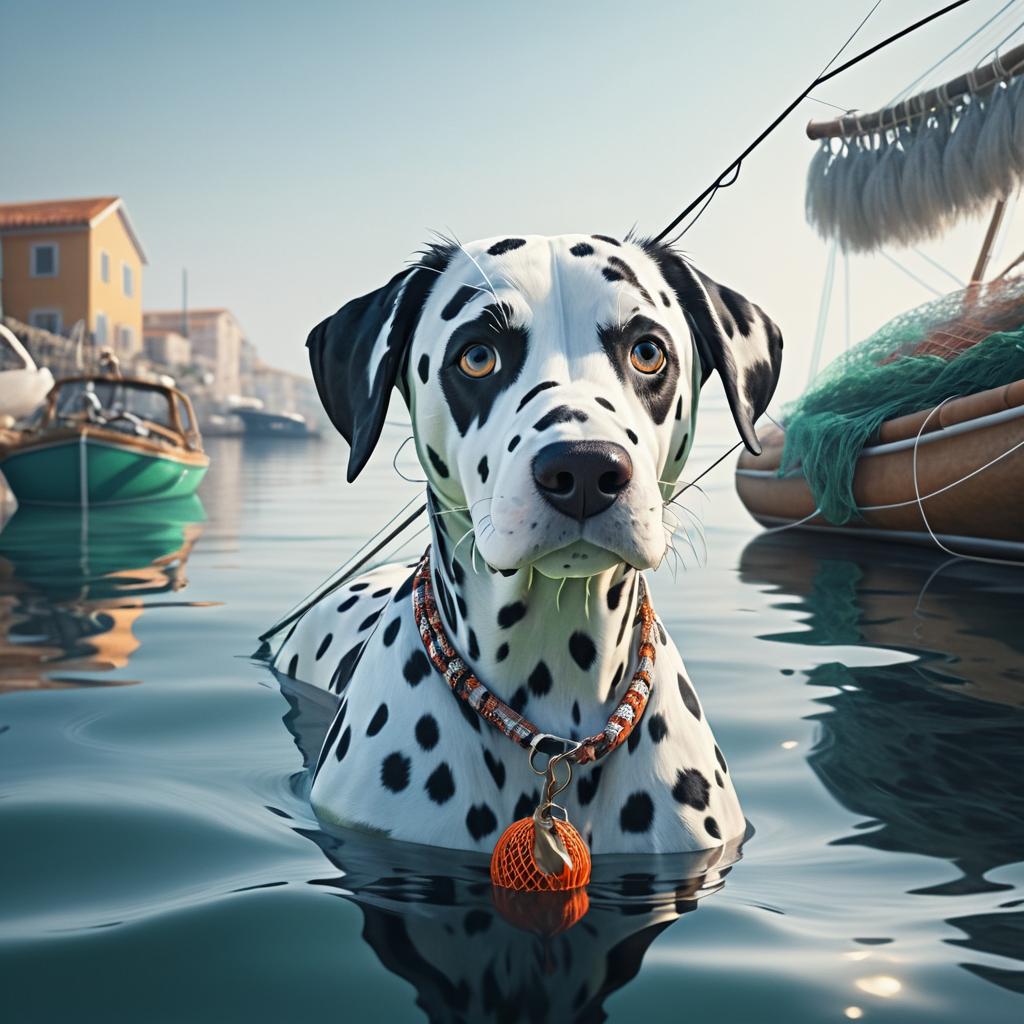 Dalmatian Fetching Nets in Harbor