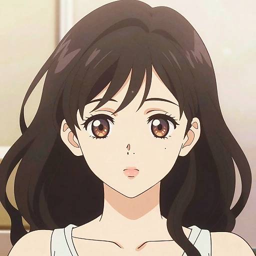 Digital anime-style portrait of a young woman with large brown eyes, long black hair, fair skin, and wearing a white tank top.
