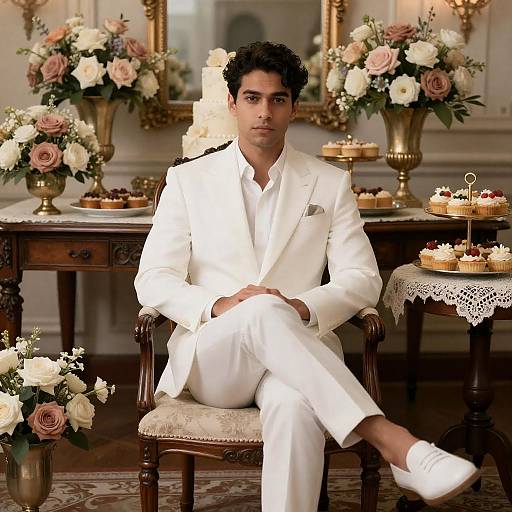 Man in White Suit Sitting in Elegant Room