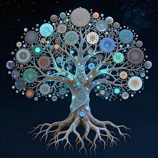 Digital artwork of a glowing, intricate tree with swirling, multicolored spheres on branches against a dark, starry background.