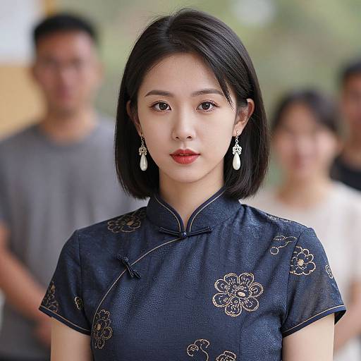 Photograph of an East Asian woman with straight black hair, wearing a blue floral-patterned cheongsam, white earrings, and red lipstick, with