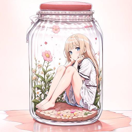 Girl Sitting Inside Jar with Flower