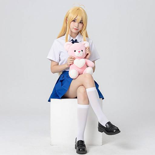 Blonde Cosplayer with Pink Teddy Bear