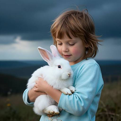 Photograph of a young girl with brown hair in a light blue shirt, gently holding a white rabbit against a dark, cloudy sky background.