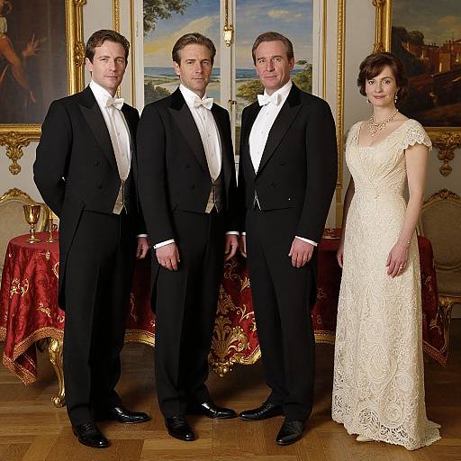 Photograph of three men in black tuxedos with white shirts and bow ties, and a woman in an elegant white lace dress, standing in