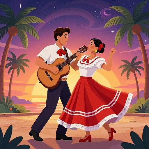 Digital illustration of a Latin couple dancing at sunset, with palm trees, a starry sky, and the man playing a guitar. She wears a red