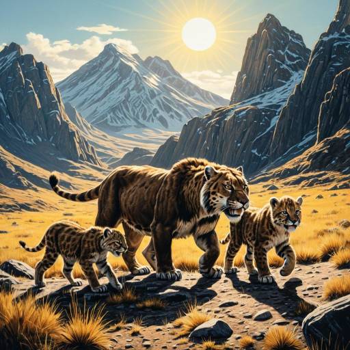 Smilodon and Cubs in Prehistoric Mountainous Landscape