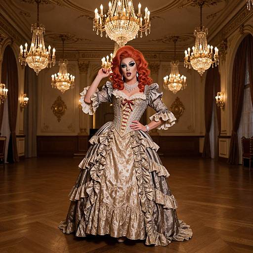 Photograph of a dramatic, red-haired woman in an elaborate, gold and silver, ruffled Victorian-style gown, standing in a grand, chandelier