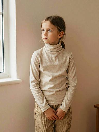 Curious young girl in beige turtleneck