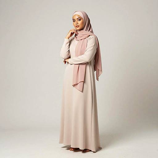 Photograph of a young woman with light brown skin, wearing a long white abaya and pink hijab, standing against a plain white background, gently