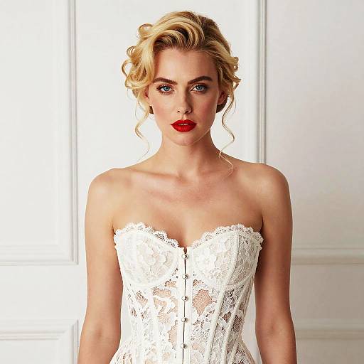 Photograph of a blonde woman with curled hair, red lipstick, and blue eyes, wearing a white lace strapless wedding dress, against a white pane