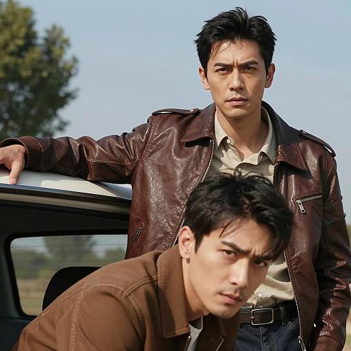 Two men with serious expressions outdoors