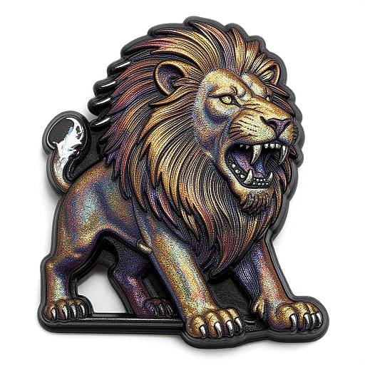 Colorful, metallic lion figurine with detailed mane, open mouth, and fierce expression, featuring iridescent hues and textured surface. Digital artwork style