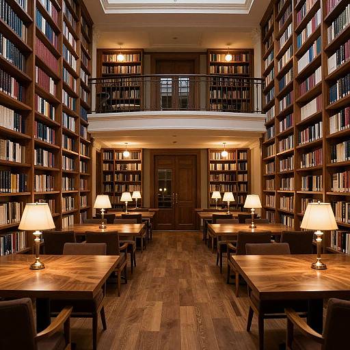 Photograph of a dimly lit, elegant library with wooden bookshelves, warm table lamps, and long wooden tables in neat rows.