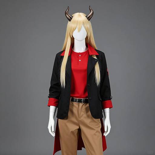 Photograph of a faceless mannequin with long blonde hair, black horns, black blazer, red shirt, and tan pants against a gray