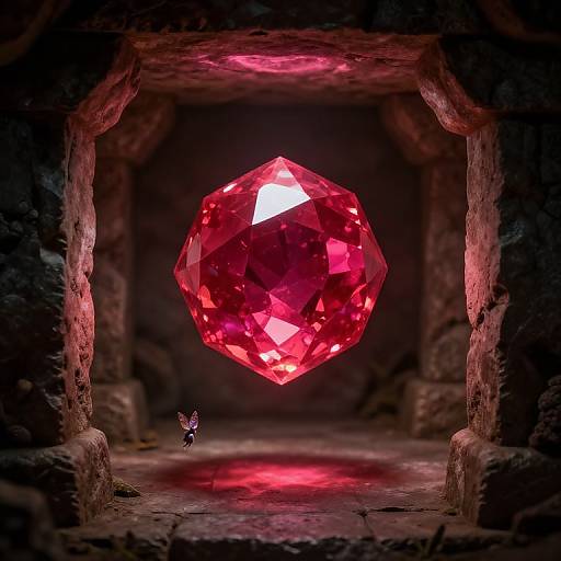 Photorealistic digital artwork: A massive, glowing red gemstone hangs in a dark, rocky cave, illuminated by its own light, with a small