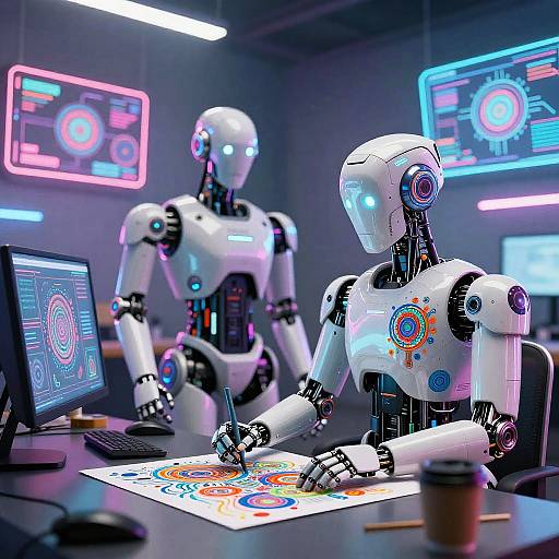 Photograph of two white humanoid robots in a futuristic lab, one drawing colorful circuit diagrams on paper while the other monitors screens with neon blue and pink lights