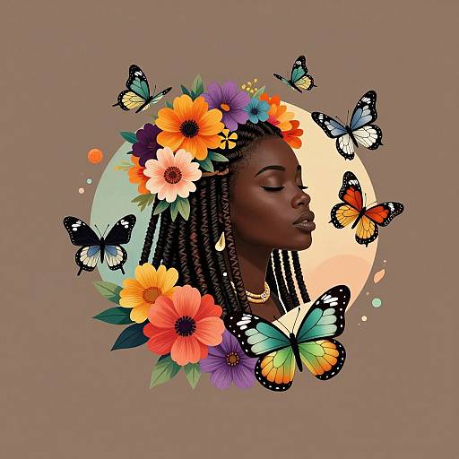 Digital illustration of a dark-skinned woman with braided hair, adorned with vibrant flowers and surrounded by colorful butterflies, against a brown and circular pastel