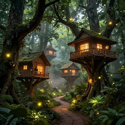 Whimsical forest scene with glowing fireflies, wooden fairy-tale houses on giant trees, and a misty, winding path illuminated by soft lights