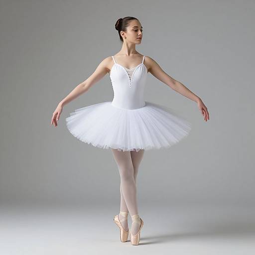 Photograph of an Asian ballerina in a white tutu, leotard, and pink ballet slippers, poised gracefully with arms outst