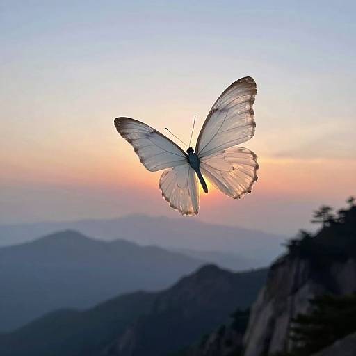 Photograph of a white butterfly with translucent wings silhouetted against a colorful sunset over mountainous landscape, with distant hills and a tree on the